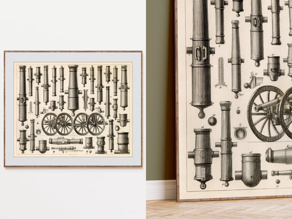 A framed vintage-style print showing detailed black ink illustrations of antique cannons and artillery pieces on an off-white background, displayed against a light gray wall with a wood floor visible.