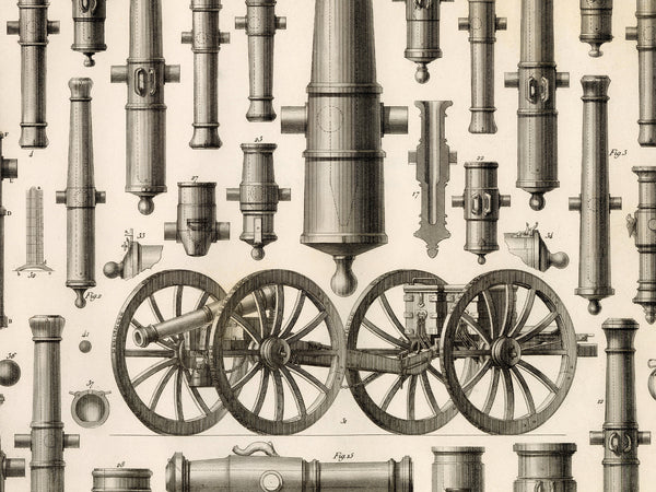 Vintage-style black and white scientific illustration print featuring multiple detailed views of cannons and cannon barrels arranged across the page.