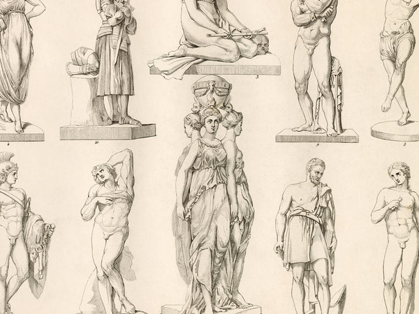 A vintage-style art print featuring multiple classical Greek and Roman statues and sculptures rendered in fine gray line drawings on a warm cream background.