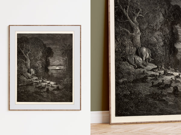 Two framed black-and-white landscape art prints displayed on a white wall, with one print shown flat on the left and a larger version leaning against the wall on the right.