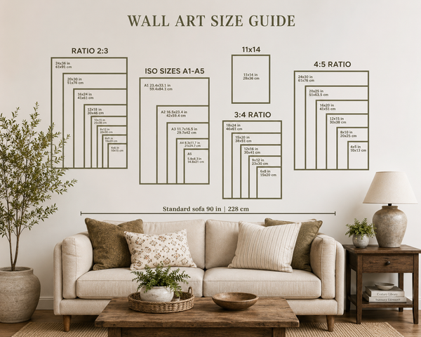 A wall art size guide displayed on a beige wall above a cream sofa in a styled living room. The chart shows different aspect ratios and sizes, including 2:3, ISO sizes A1-A5, 11x14, 3:4, and 4:5, with text indicating standard sofa 90 in / 228 cm.
