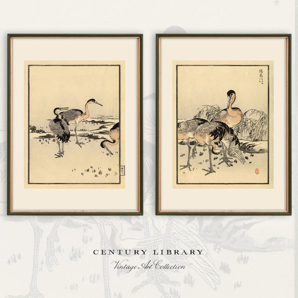 Kōno Bairei Crane Prints – Set of 2 | 1881 Japanese Woodblock Bird Art