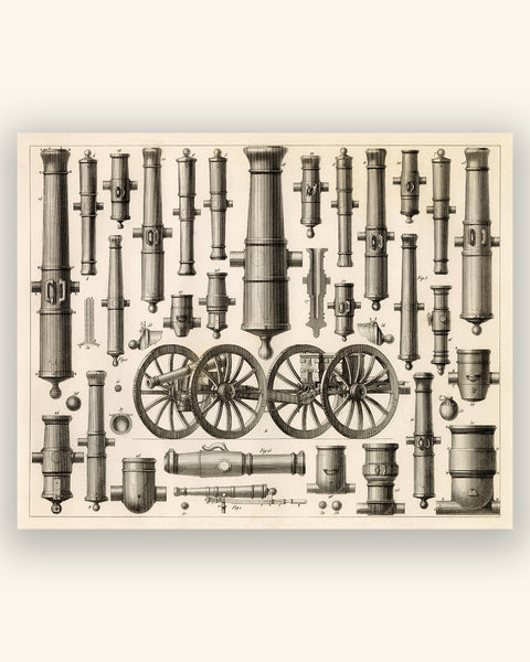 Antique Military Sciences Print - Variety of Artillery / Cannons