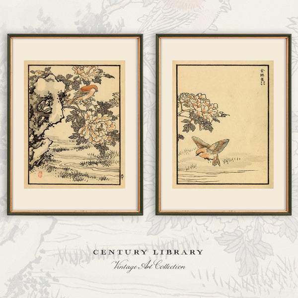 Kōno Bairei Canary Prints – Set of 2 | 1881 Japanese Woodblock Bird Art