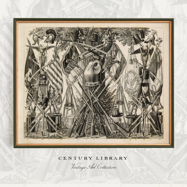 A framed vintage-style black and white illustration featuring a chaotic arrangement of historical objects, flags, and figures, presented on a light gray patterned background with the text 'CENTURY LIBRARY Vintage 19th Collection' below.