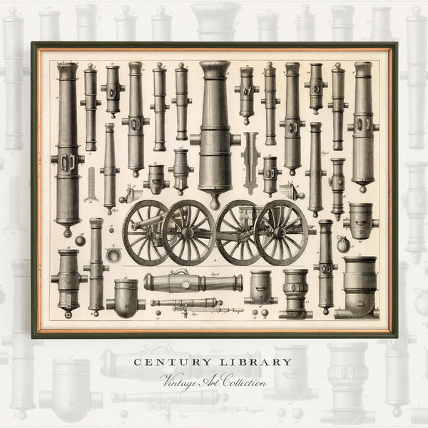 A framed vintage-style illustration print featuring multiple antique cannons and artillery pieces arranged on an off-white background, with the text 'CENTURY LIBRARY' and 'Vintage Art Collection' below the frame.