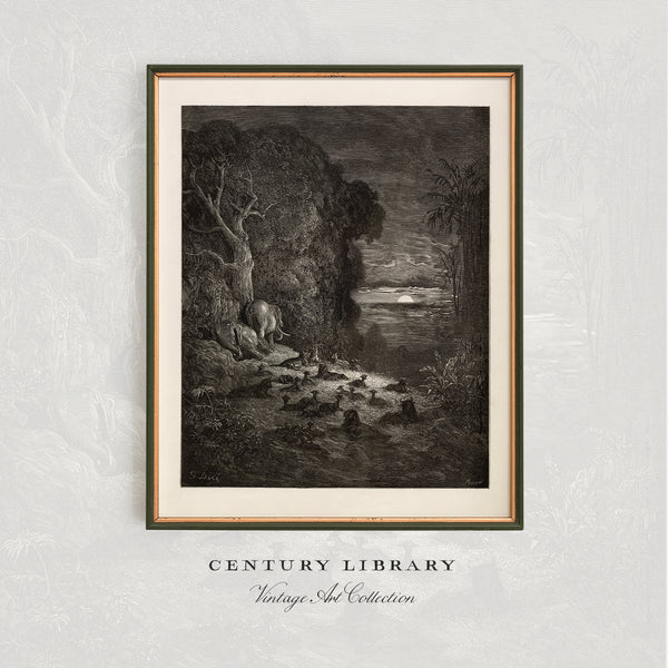 A framed black-and-white art print depicting a moody forest landscape with a deer near a stream, displayed on a light textured wall above the text 'CENTURY LIBRARY Vintage Art Collection'.