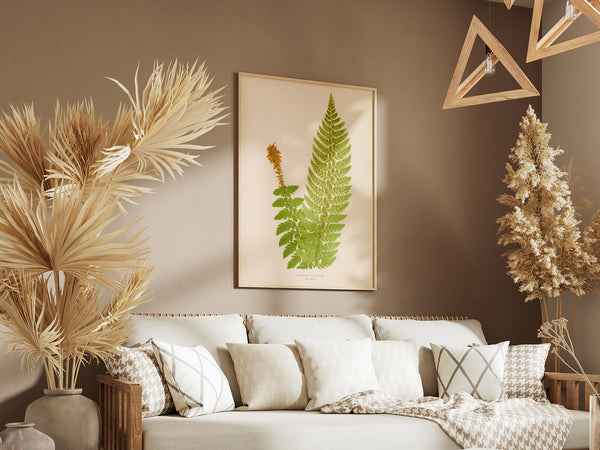 A framed botanical art print of a green fern on a beige background, displayed on a warm brown wall above a white sofa with neutral-toned pillows and dried pampas grass decor.