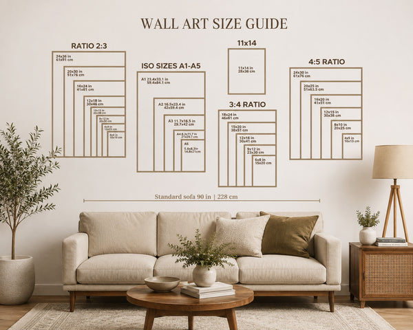 A wall-mounted size guide poster in a styled living room, showing different wall art aspect ratios and dimensions with text labels such as 2:3, 3:4, 4:5, ISO Sizes A1-A5, and 11x14. The room includes a beige sofa, plants, a side table, and a lamp.