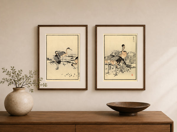 Kōno Bairei Crane Prints – Set of 2 | 1881 Japanese Woodblock Bird Art