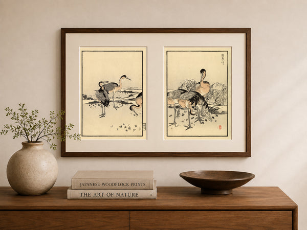 Kōno Bairei Crane Prints – Set of 2 | 1881 Japanese Woodblock Bird Art