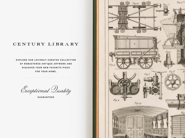 A book or magazine spread showing a cream-colored left page with the text 'CENTURY LIBRARY' and 'Exceptional Quality Guaranteed,' alongside a right page filled with black vintage technical illustrations of mechanical devices and a carriage.