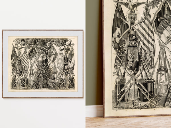 A framed black-and-white vintage illustration print displayed on a white wall, with a second matching framed print leaning against a wall on the right.