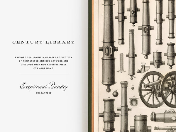 A book or magazine spread with a white left page reading 'CENTURY LIBRARY' and 'Exceptional Quality Guaranteed,' and a cream right page filled with black-and-white vintage scientific illustrations of telescopes and other antique instruments.