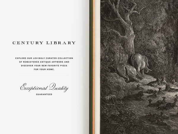Open book spread showing a cream page with the text 'CENTURY LIBRARY' and 'Exceptional Quality Guaranteed' beside a detailed black-and-white classical artwork of a horse and rider in a forest scene.